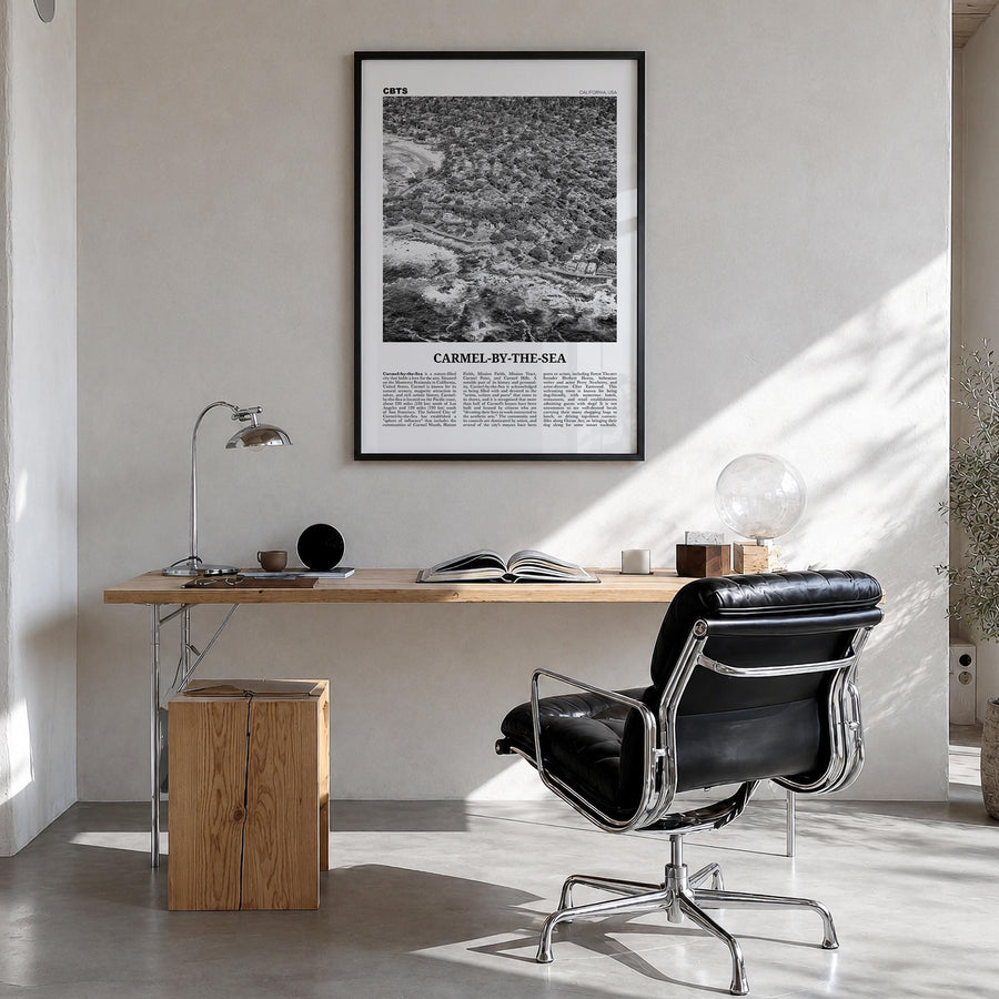 Carmel-by-the-Sea black & white newspaper poster of California, USA – vertical wall art in black wood frame, hanging on wall