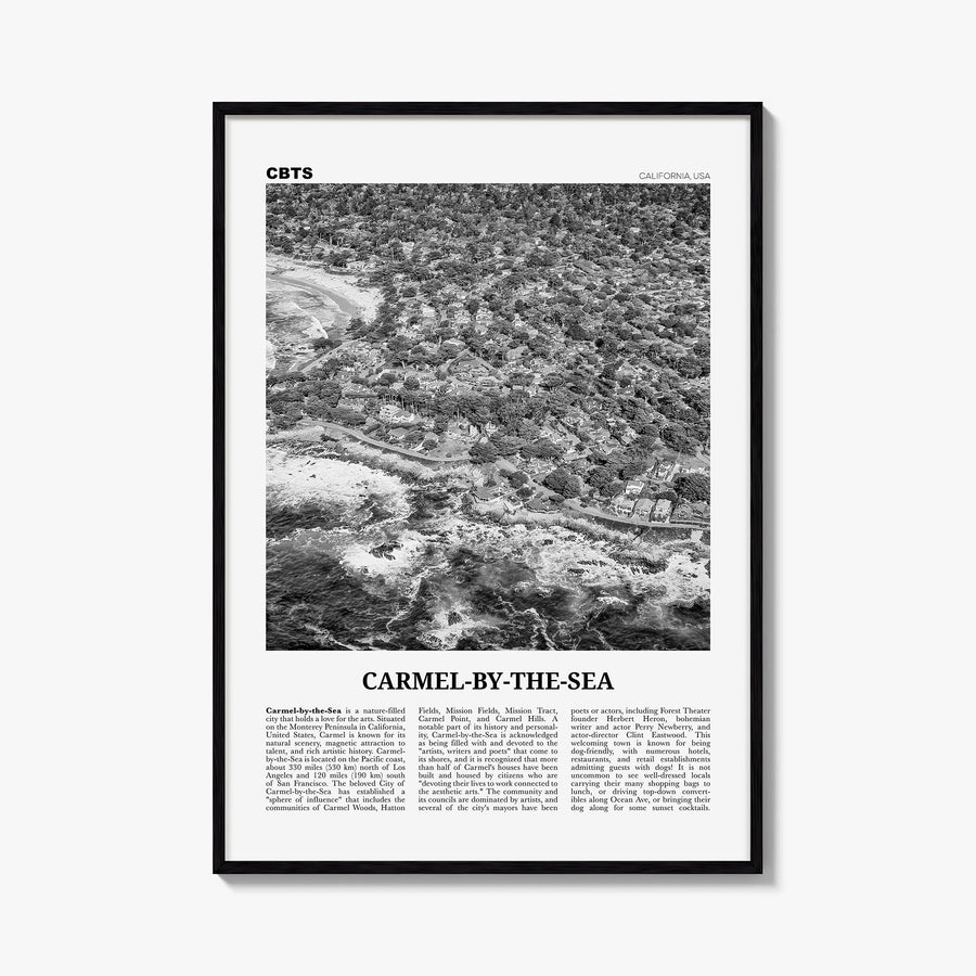 Carmel-by-the-Sea black & white newspaper poster of California, USA – vertical wall art, unframed print shown in interior moc