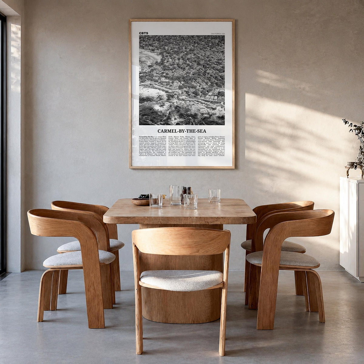 Carmel-by-the-Sea black & white newspaper poster of California, USA – vertical wall art in natural wood frame, hanging on wal