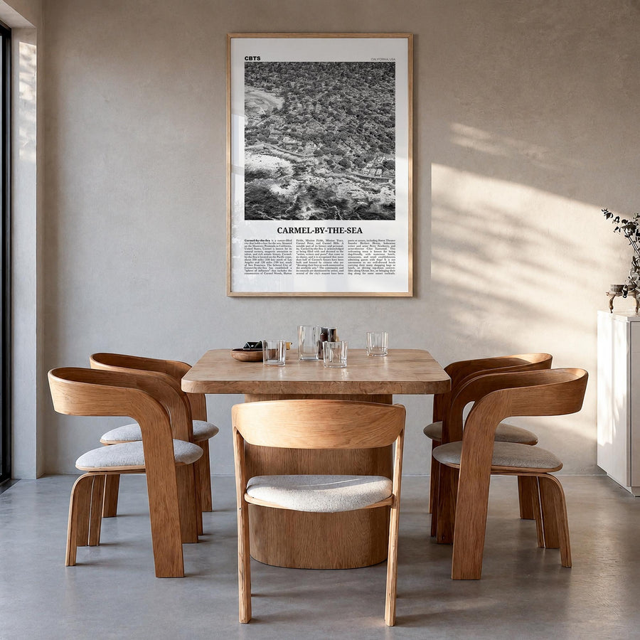 Carmel-by-the-Sea black & white newspaper poster of California, USA – vertical wall art in natural wood frame, hanging on wal
