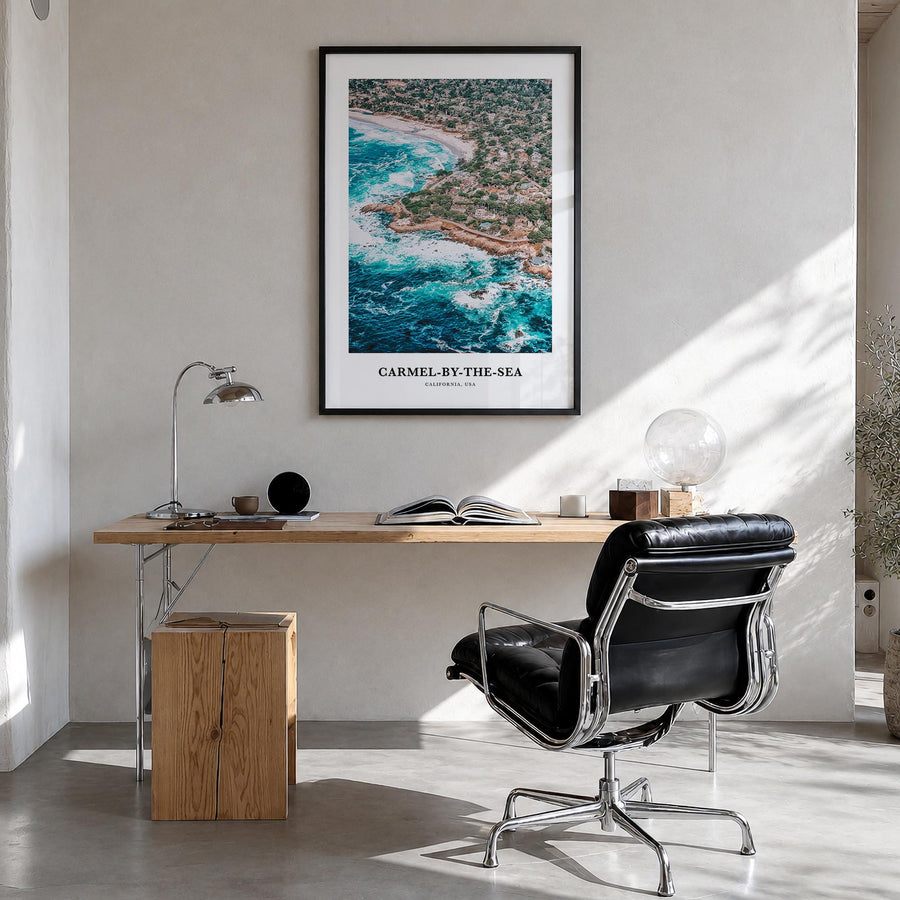 Carmel-by-the-Sea colorful classic poster of California, USA – vertical wall art in black wood frame, hanging on wall