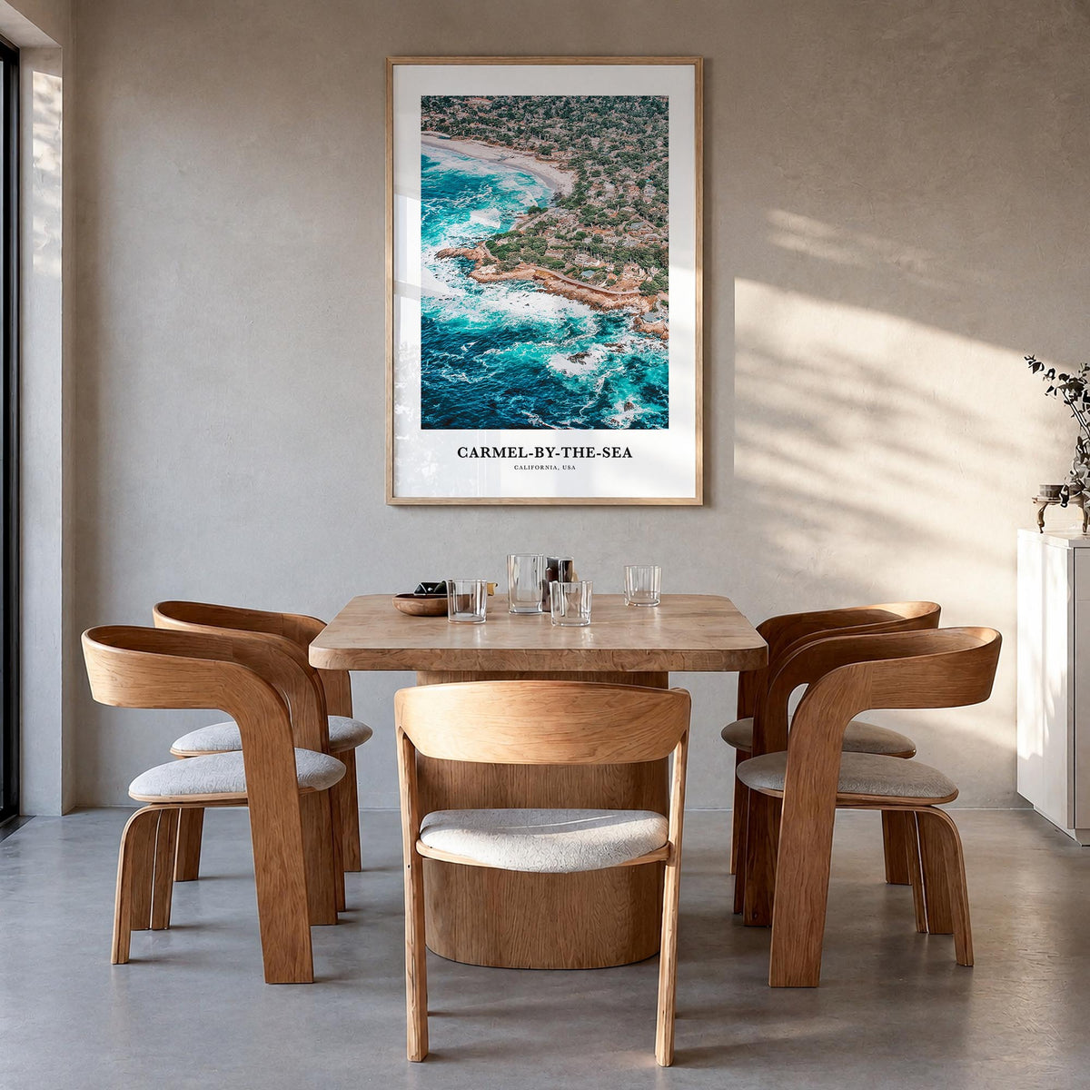Carmel-by-the-Sea colorful classic poster of California, USA – vertical wall art in natural wood frame, hanging on wall