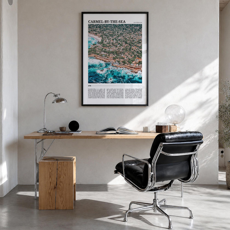 Carmel-by-the-Sea colorful travel poster of California, USA – vertical wall art in black wood frame, hanging on wall