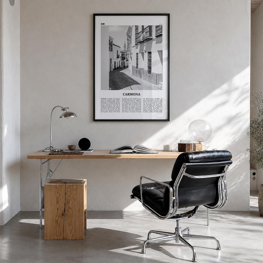 Carmona black & white newspaper poster of Philippines – vertical wall art in black wood frame, hanging on wall