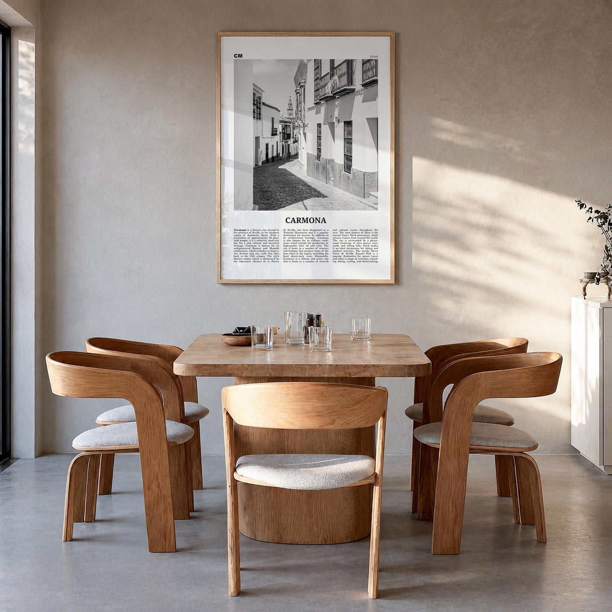Carmona black & white newspaper poster of Philippines – vertical wall art in natural wood frame, hanging on wall