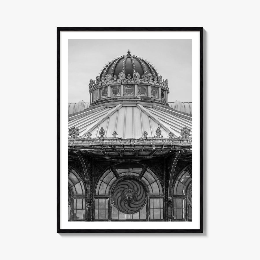 Carousel House black & white photo poster – vertical wall art, unframed print shown in interior mockup