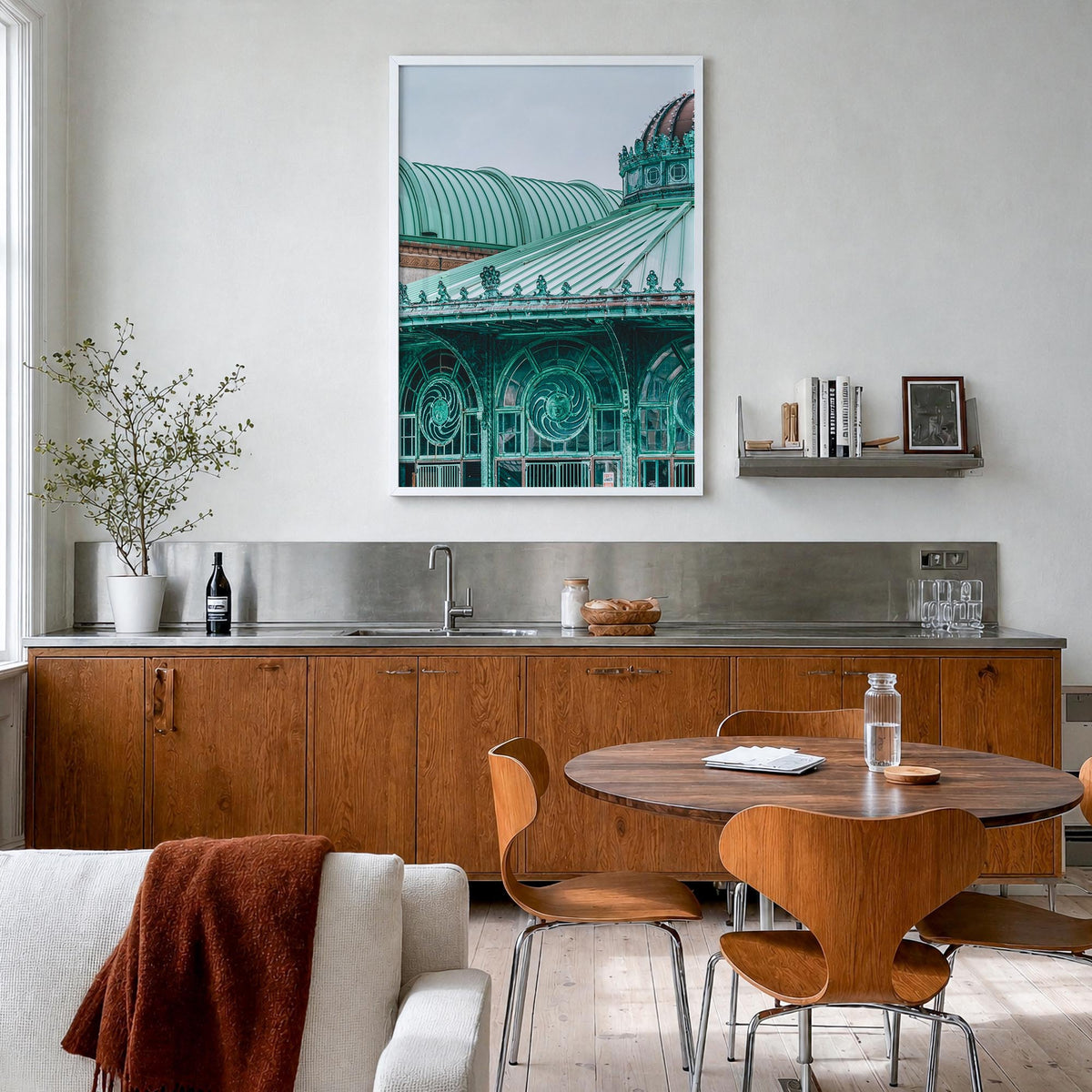 Carousel House colorful photo poster – vertical wall art in white wood frame, hanging on wall