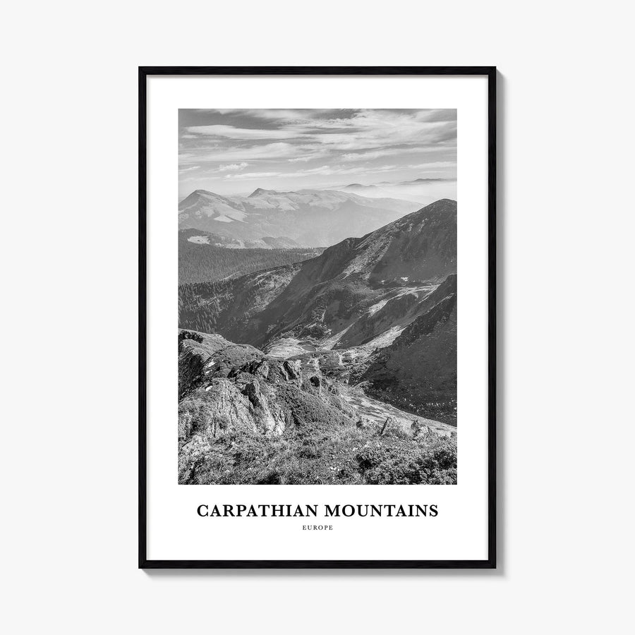 Carpathian Mountains black & white classic poster of Europe – vertical wall art, unframed print shown in interior mockup