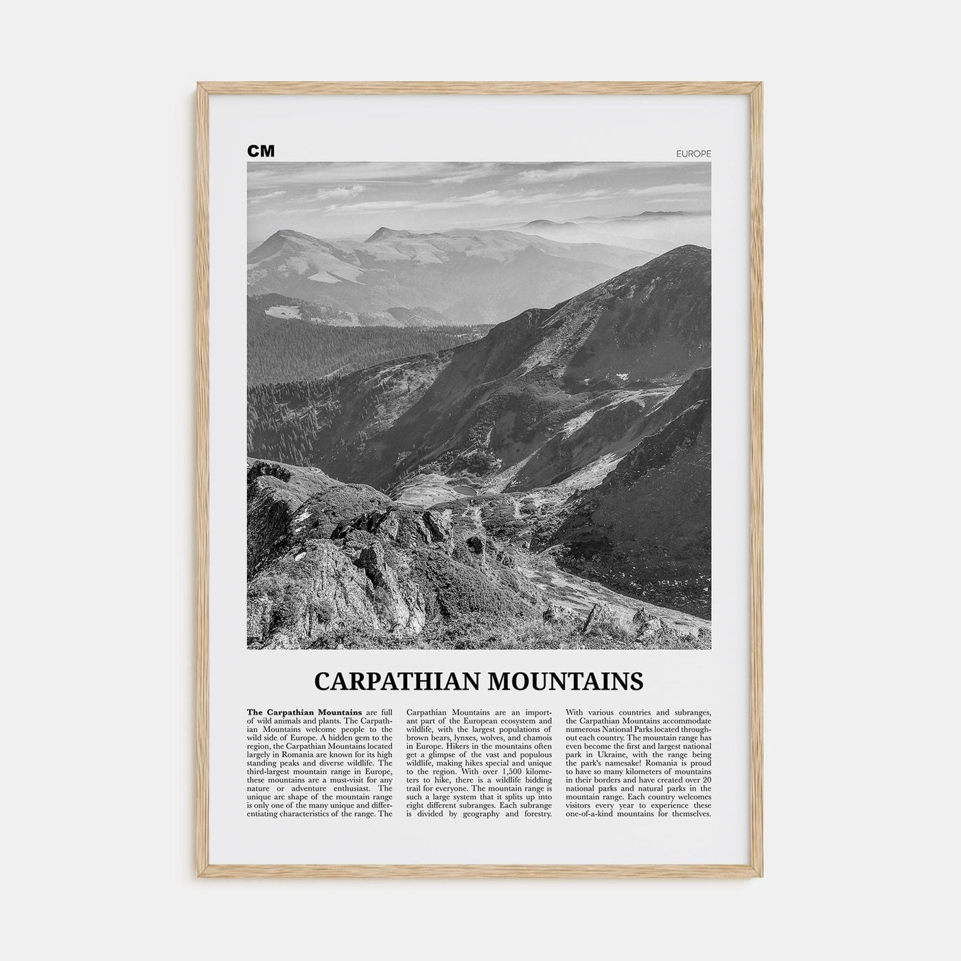 Carpathian Mountains Poster Natural Wood / 8x12 in Nbourhood Travel B&W Poster