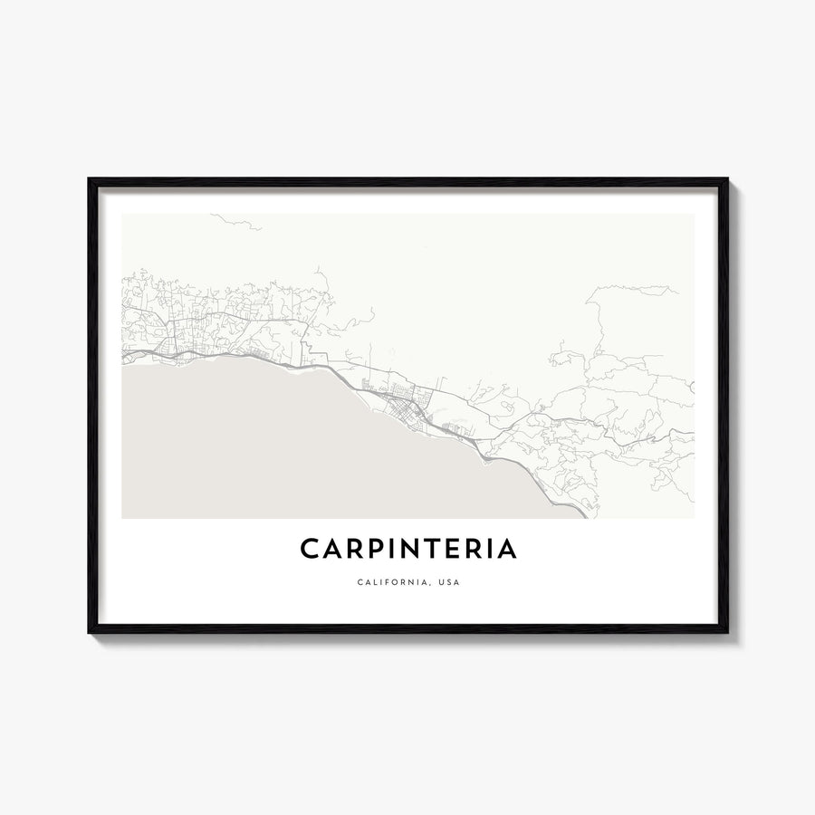 Carpinteria black & white map poster of California, USA – horizontal wall art, unframed print shown in interior mockup