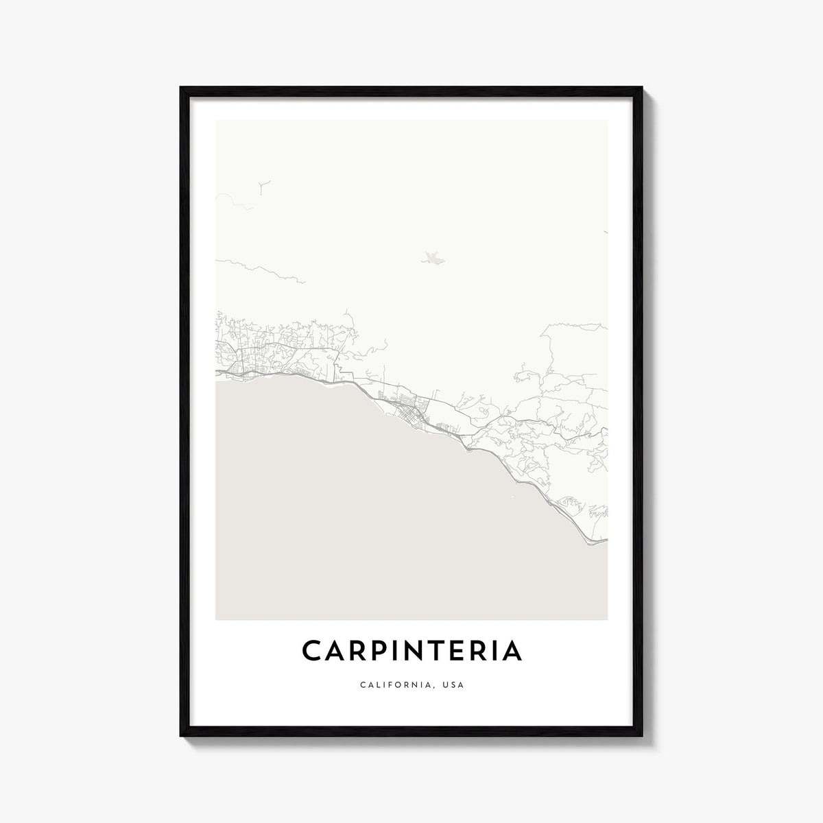 Carpinteria black & white map poster of California, USA – vertical wall art, unframed print shown in interior mockup