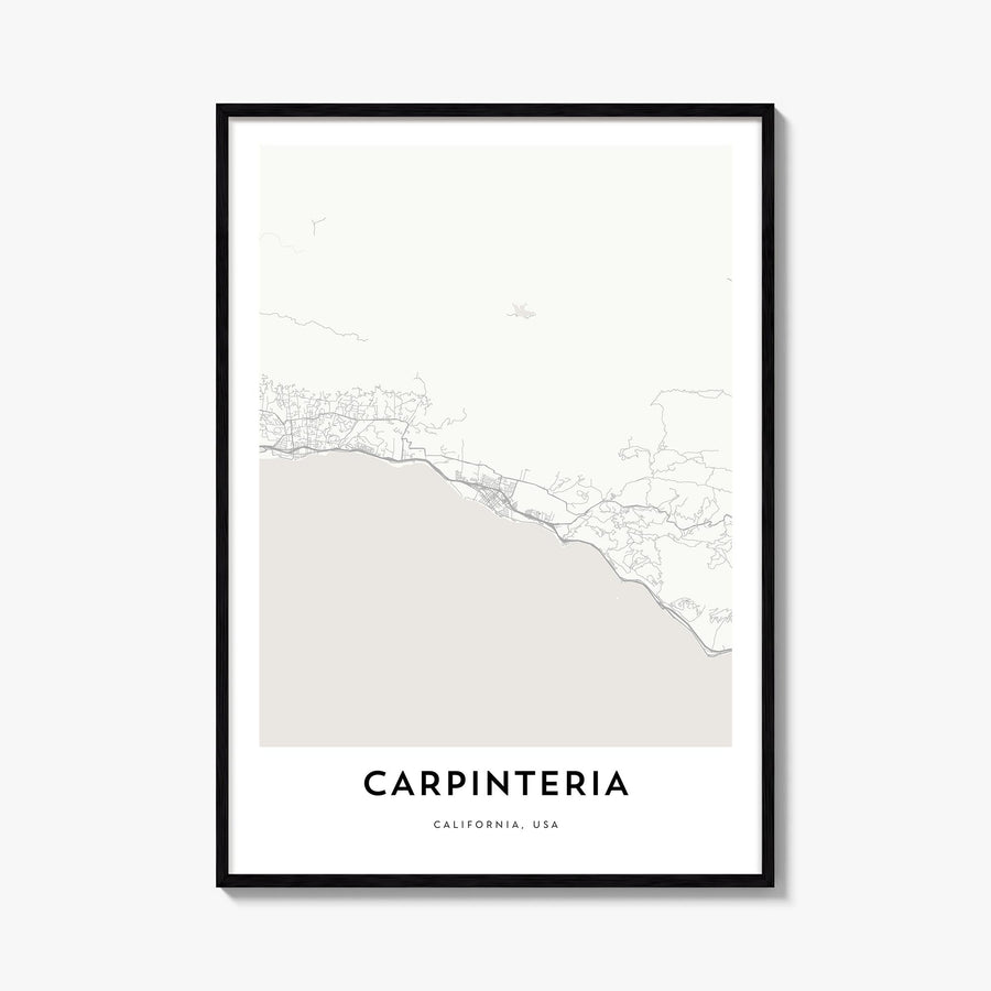 Carpinteria black & white map poster of California, USA – vertical wall art, unframed print shown in interior mockup