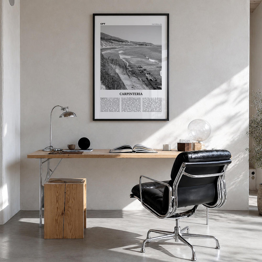 Carpinteria black & white newspaper poster of California, USA – vertical wall art in black wood frame, hanging on wall
