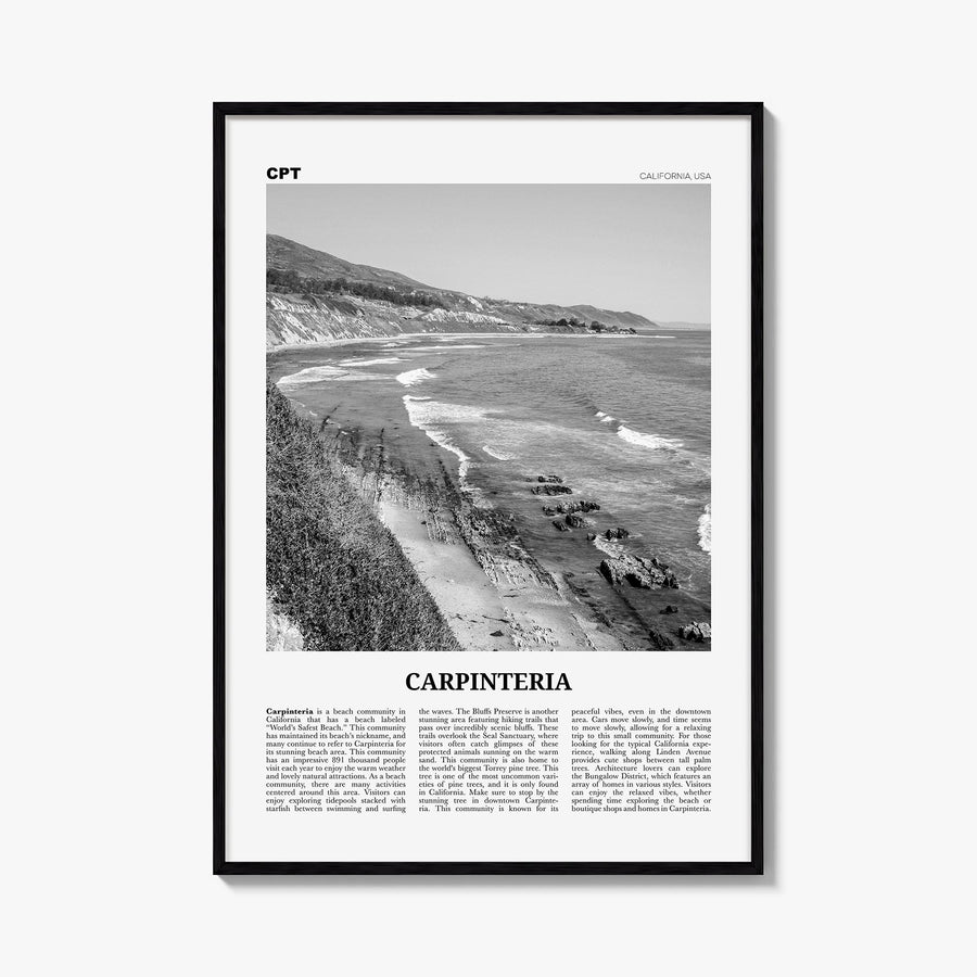 Carpinteria black & white newspaper poster of California, USA – vertical wall art, unframed print shown in interior mockup