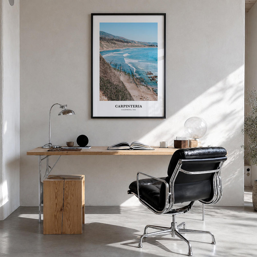 Carpinteria colorful classic poster of California, USA – vertical wall art in black wood frame, hanging on wall