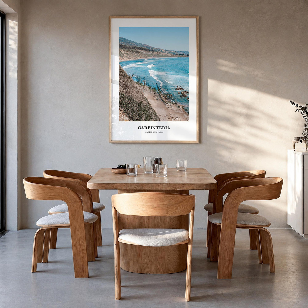 Carpinteria colorful classic poster of California, USA – vertical wall art in natural wood frame, hanging on wall