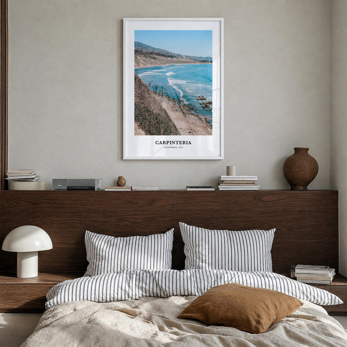 Carpinteria colorful classic poster of California, USA – vertical wall art in white wood frame, hanging on wall