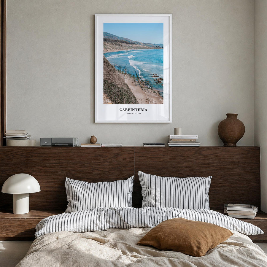 Carpinteria colorful classic poster of California, USA – vertical wall art in white wood frame, hanging on wall