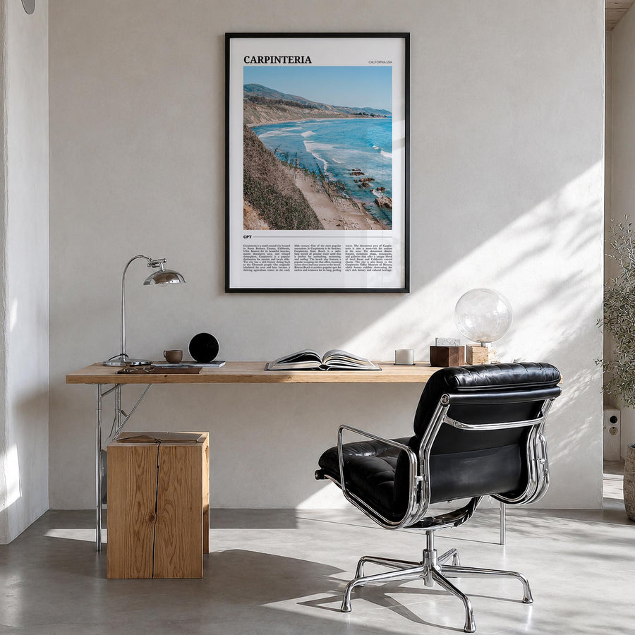 Carpinteria colorful travel poster of California, USA – vertical wall art in black wood frame, hanging on wall