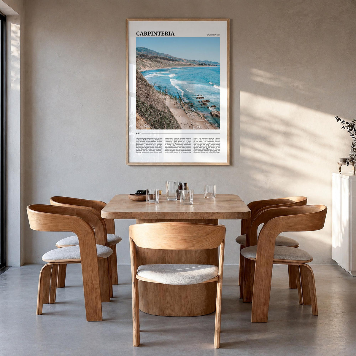 Carpinteria colorful travel poster of California, USA – vertical wall art in natural wood frame, hanging on wall