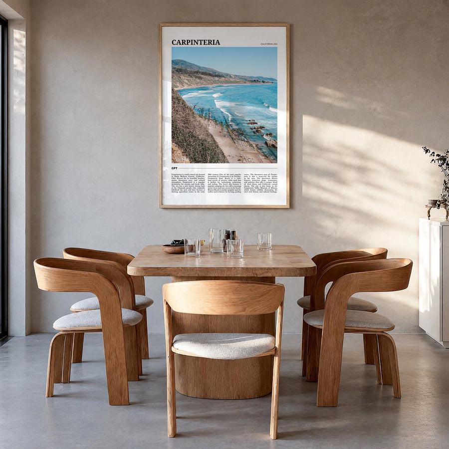 Carpinteria colorful travel poster of California, USA – vertical wall art in natural wood frame, hanging on wall