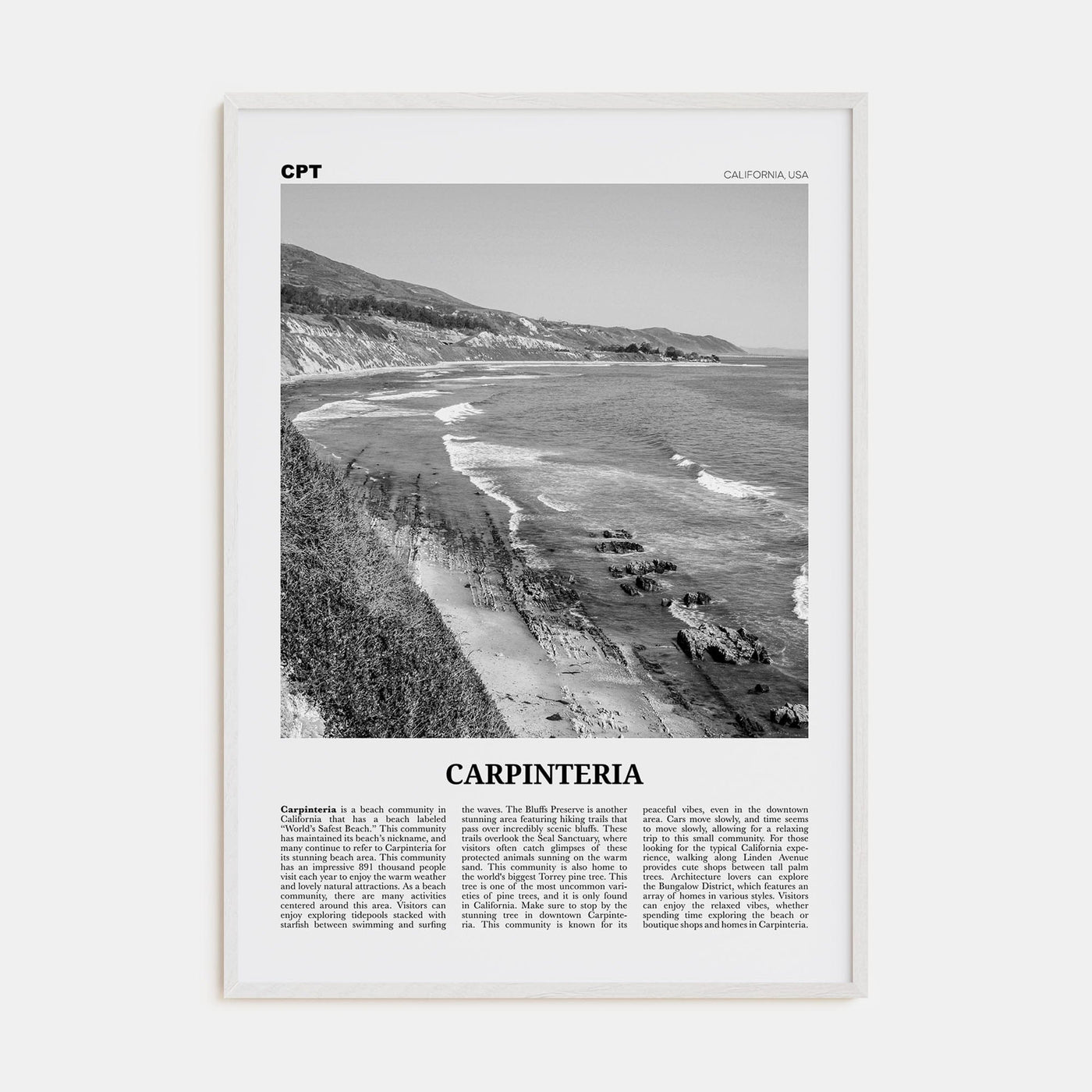 Carpinteria Poster White Wood / 8x12 in Nbourhood Travel B&W Poster