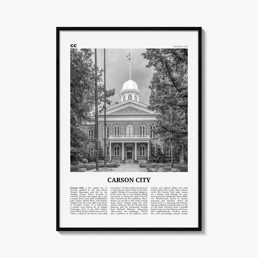 Carson City black & white newspaper poster of Nevada, USA – vertical wall art, unframed print shown in interior mockup