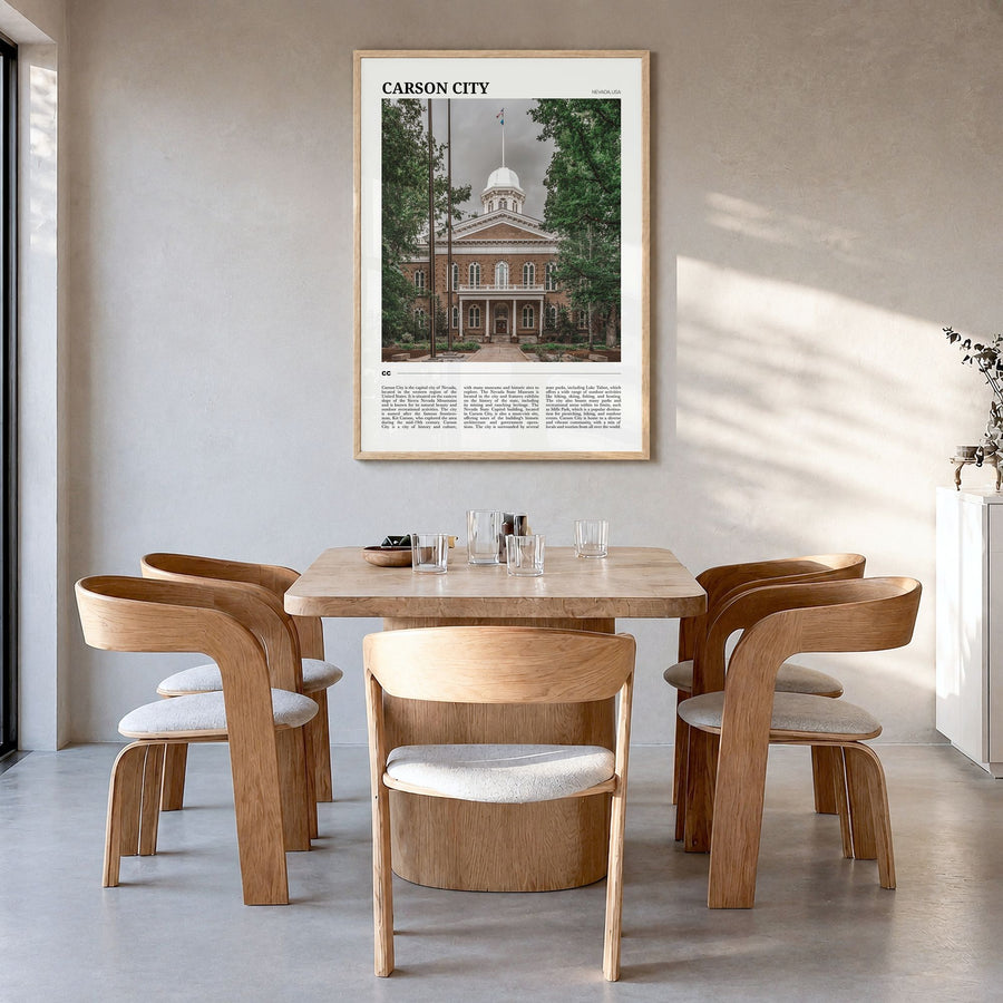 Carson City Travel Poster in a natural wood frame, hanging in a dining room