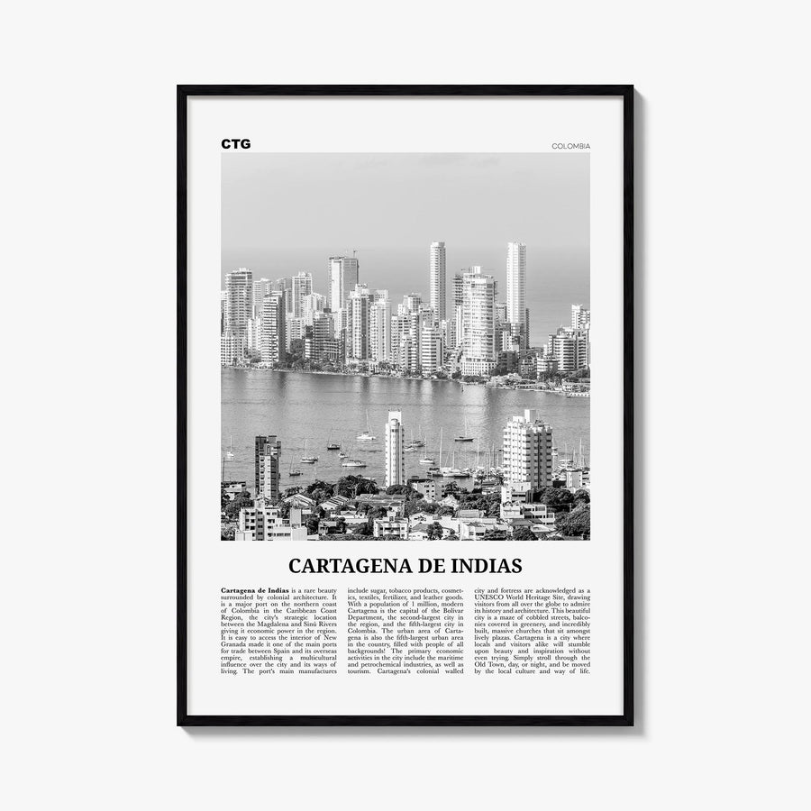 Cartagena de Indias black & white newspaper poster of Colombia – vertical wall art, unframed print shown in interior mockup