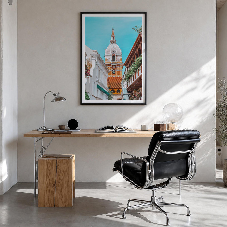 Cartagena de Indias colorful photo poster of Colombia – vertical wall art in black wood frame with white border, hanging on w