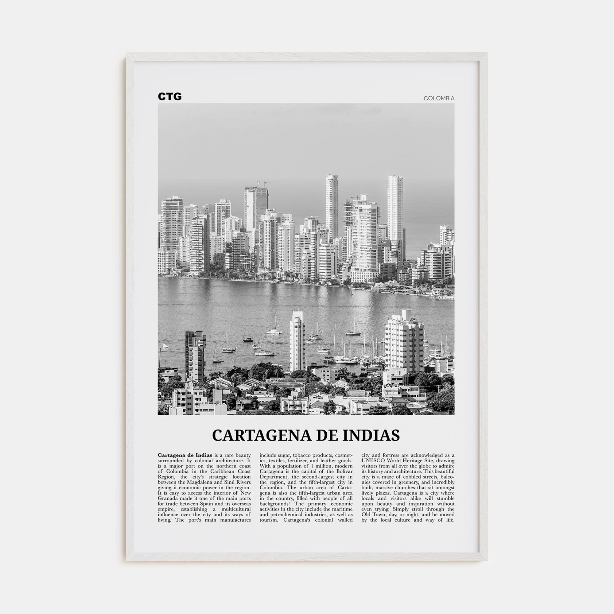 Cartagena de Indias Poster White Wood / 8x12 in Nbourhood Travel B&W Poster