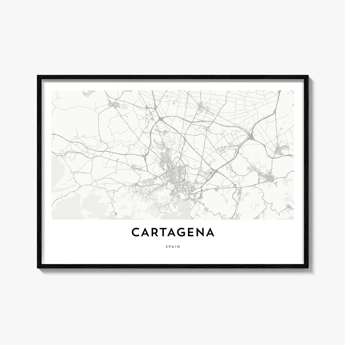 Cartagena, Spain black & white map poster of Spain – horizontal wall art, unframed print shown in interior mockup