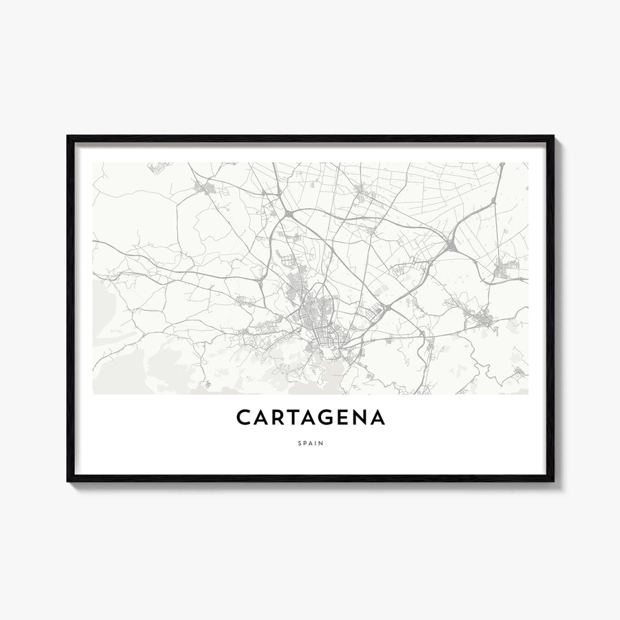 Cartagena, Spain black & white map poster of Spain – horizontal wall art, unframed print shown in interior mockup