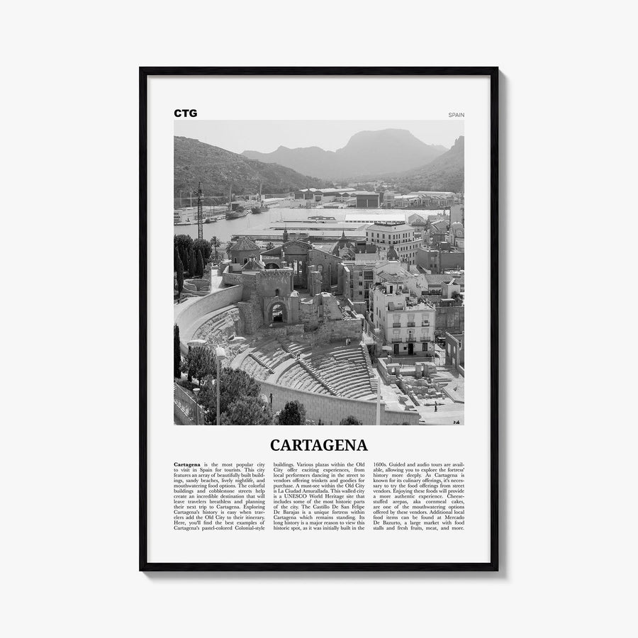 Cartagena, Spain black & white newspaper poster of Spain – vertical wall art, unframed print shown in interior mockup