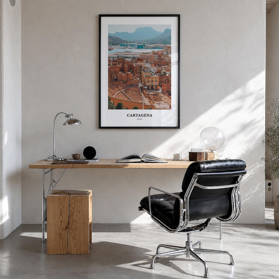 Cartagena, Spain no. 1 colorful classic poster of Spain – vertical wall art in black wood frame, hanging on wall