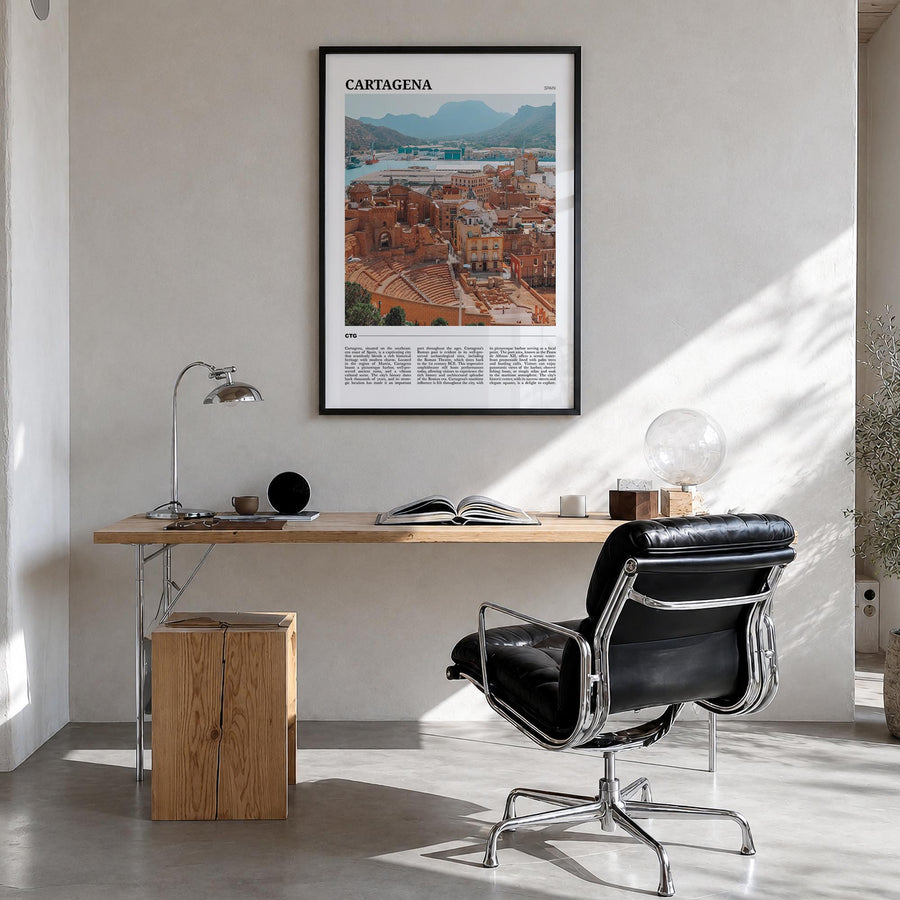Cartagena, Spain no. 1 colorful travel poster of Spain – vertical wall art in black wood frame, hanging on wall