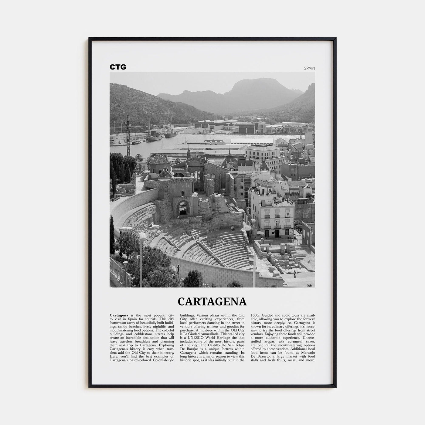 Cartagena, Spain Poster Black Metal / 8x12 in Nbourhood Travel B&W Poster