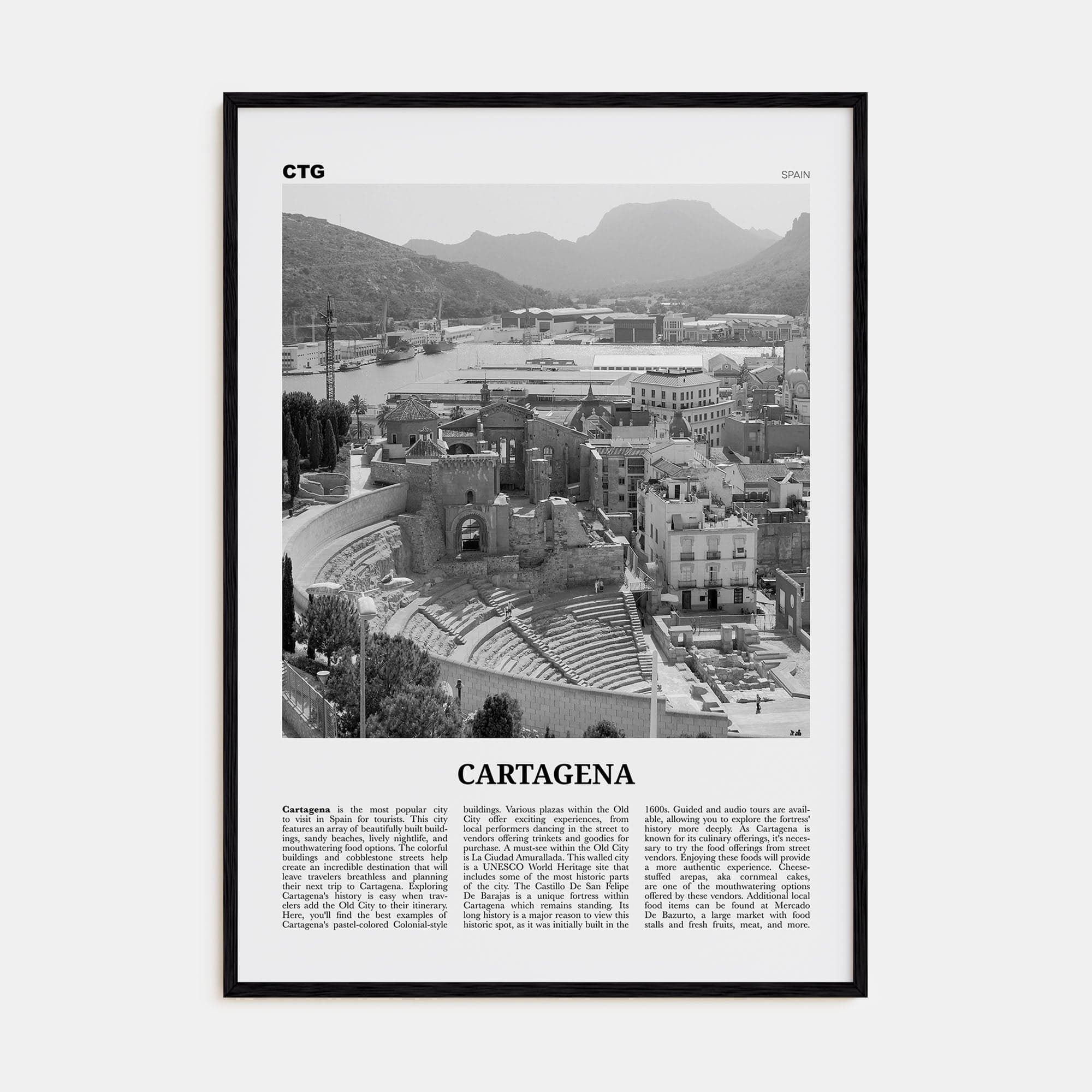 Cartagena, Spain Poster Black Wood / 8x12 in Nbourhood Travel B&W Poster