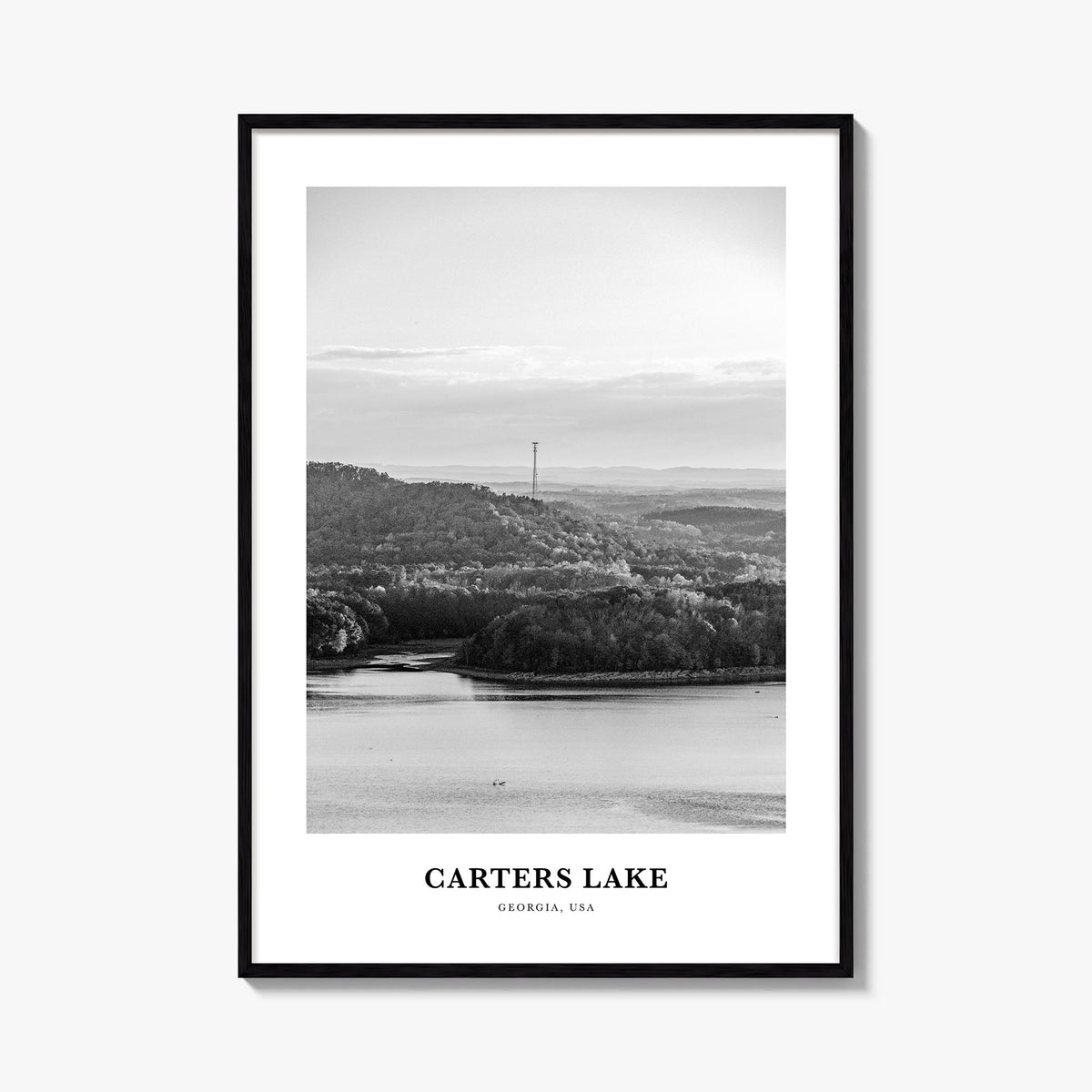 Carters Lake black & white classic poster of Georgia, USA – vertical wall art, unframed print shown in interior mockup