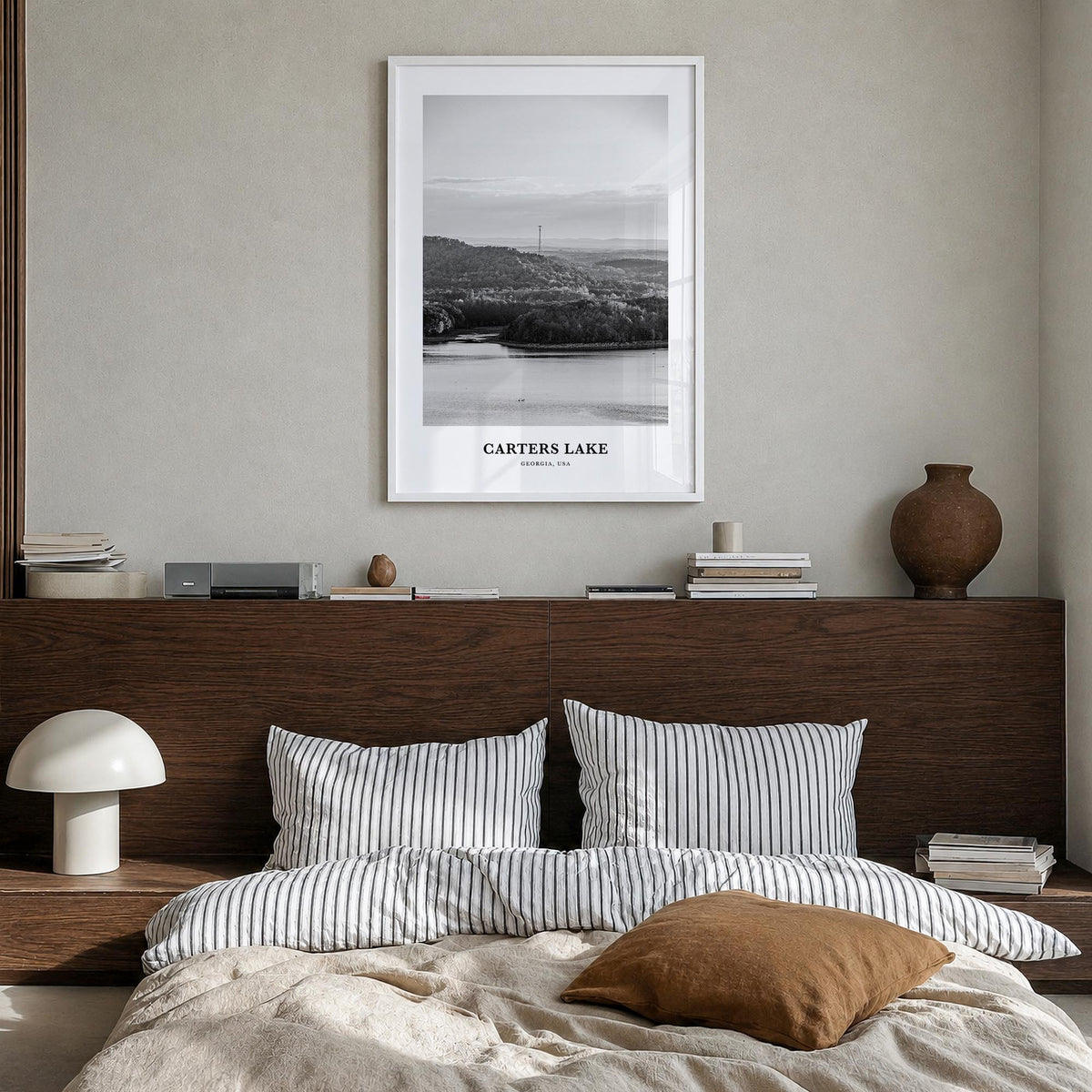 Carters Lake black & white classic poster of Georgia, USA – vertical wall art in white wood frame, hanging on wall