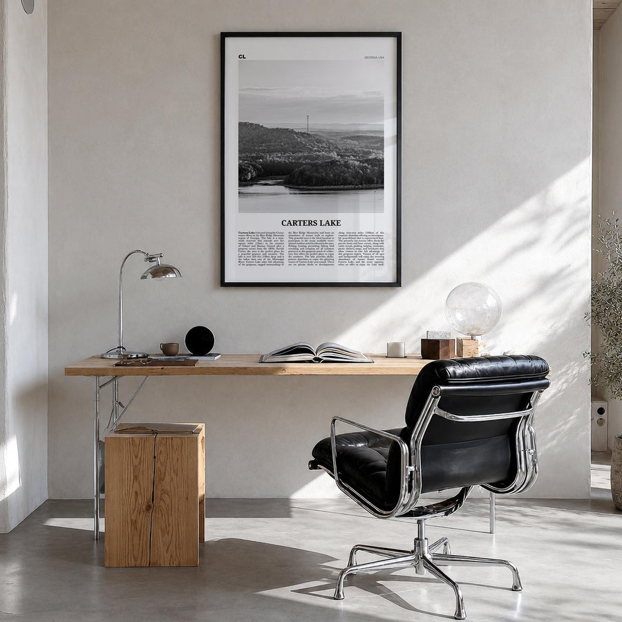 Carters Lake black & white newspaper poster of Georgia, USA – vertical wall art in black wood frame, hanging on wall
