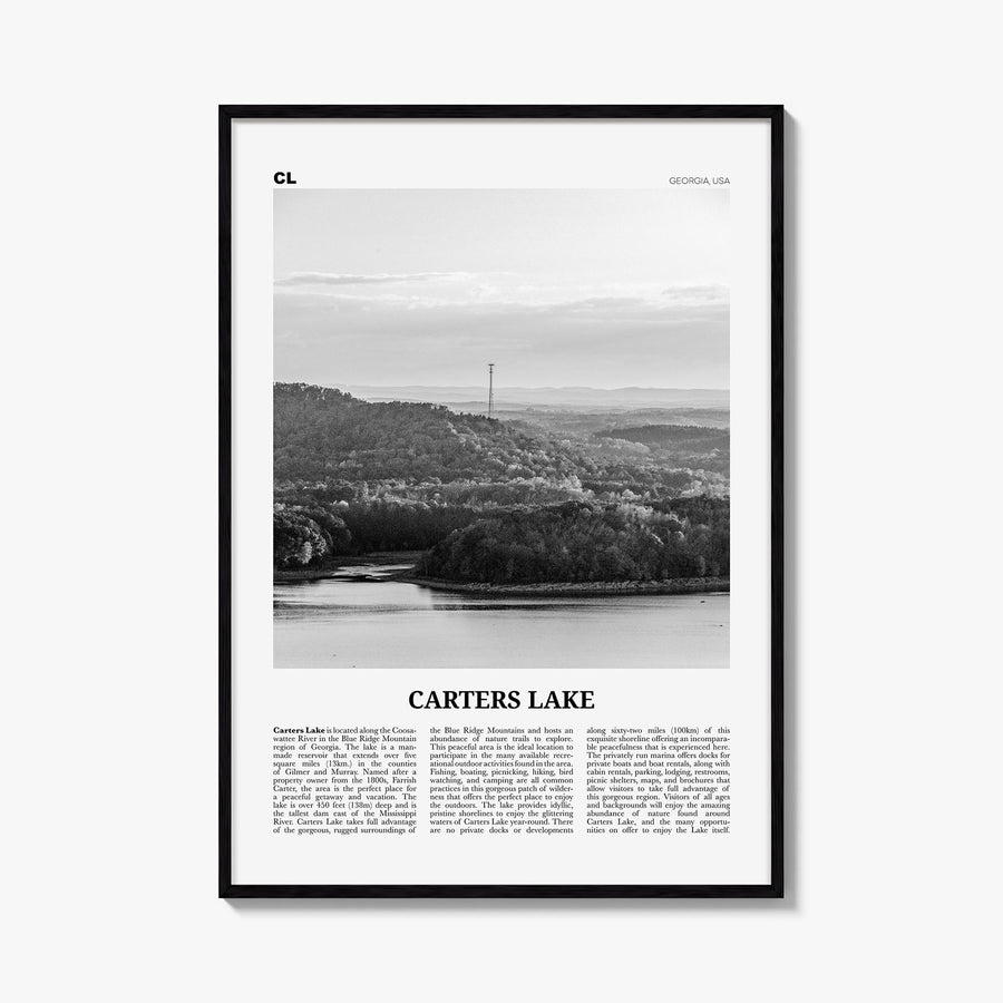 Carters Lake black & white newspaper poster of Georgia, USA – vertical wall art, unframed print shown in interior mockup