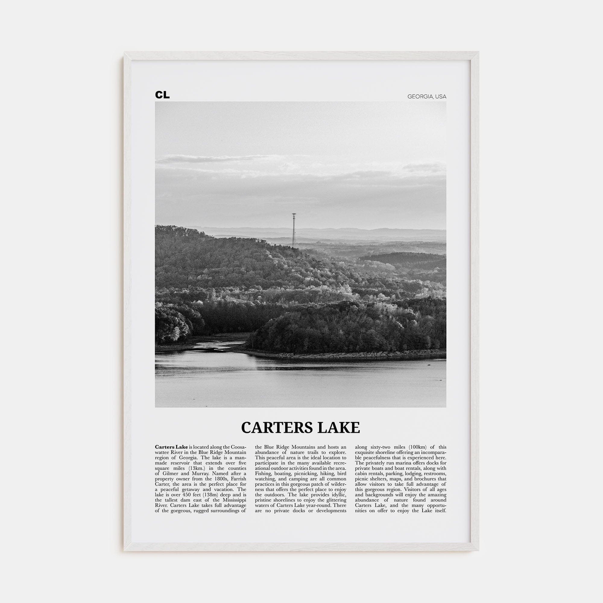 Carters Lake Poster White Wood / 8x12 in Nbourhood Travel B&W Poster