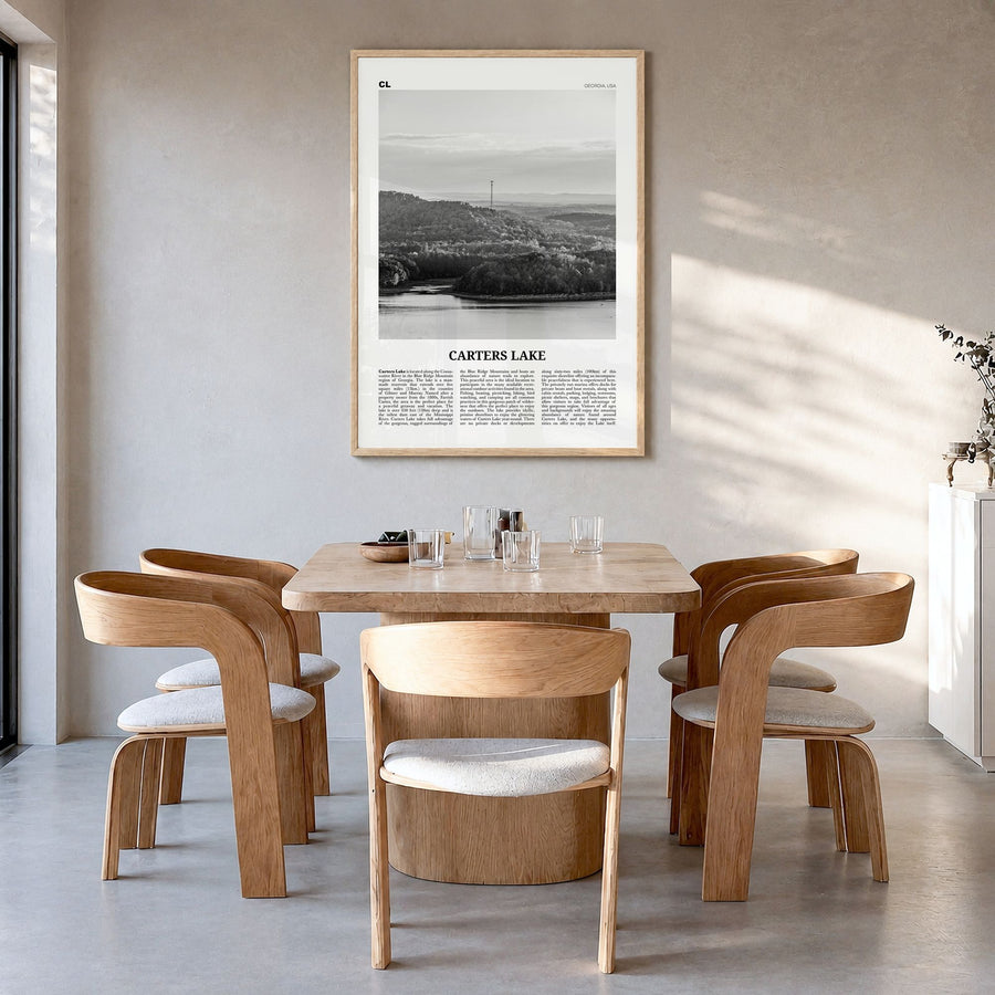 Carters Lake Newspaper Poster in a natural wood frame, hanging in a dining room