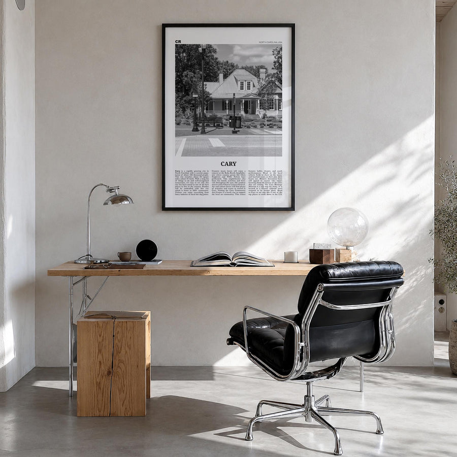 Cary black & white newspaper poster of North Carolina, USA – vertical wall art in black wood frame, hanging on wall
