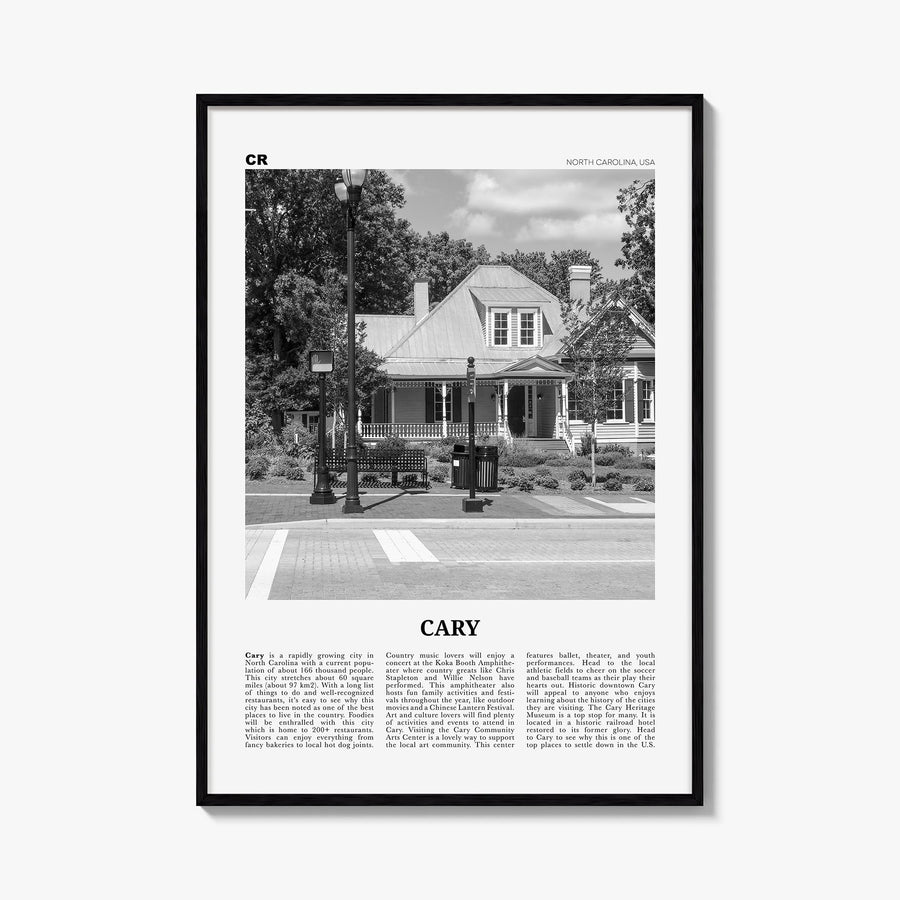 Cary black & white newspaper poster of North Carolina, USA – vertical wall art, unframed print shown in interior mockup