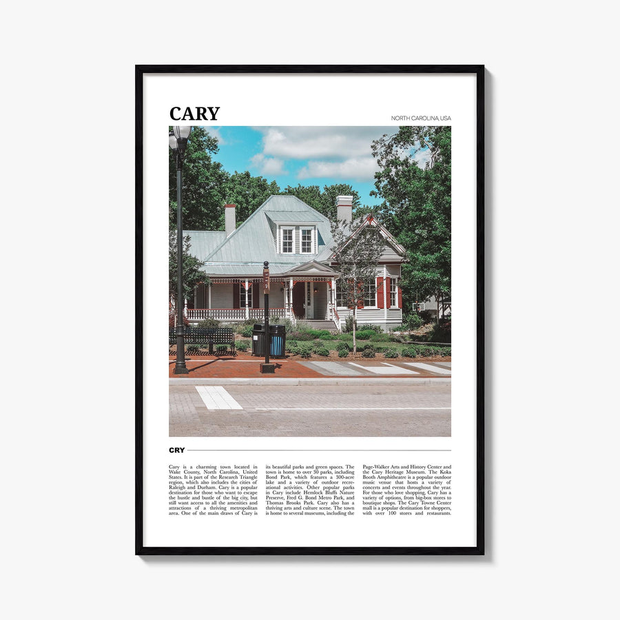 Cary colorful travel poster of North Carolina, USA – vertical wall art, unframed print shown in interior mockup