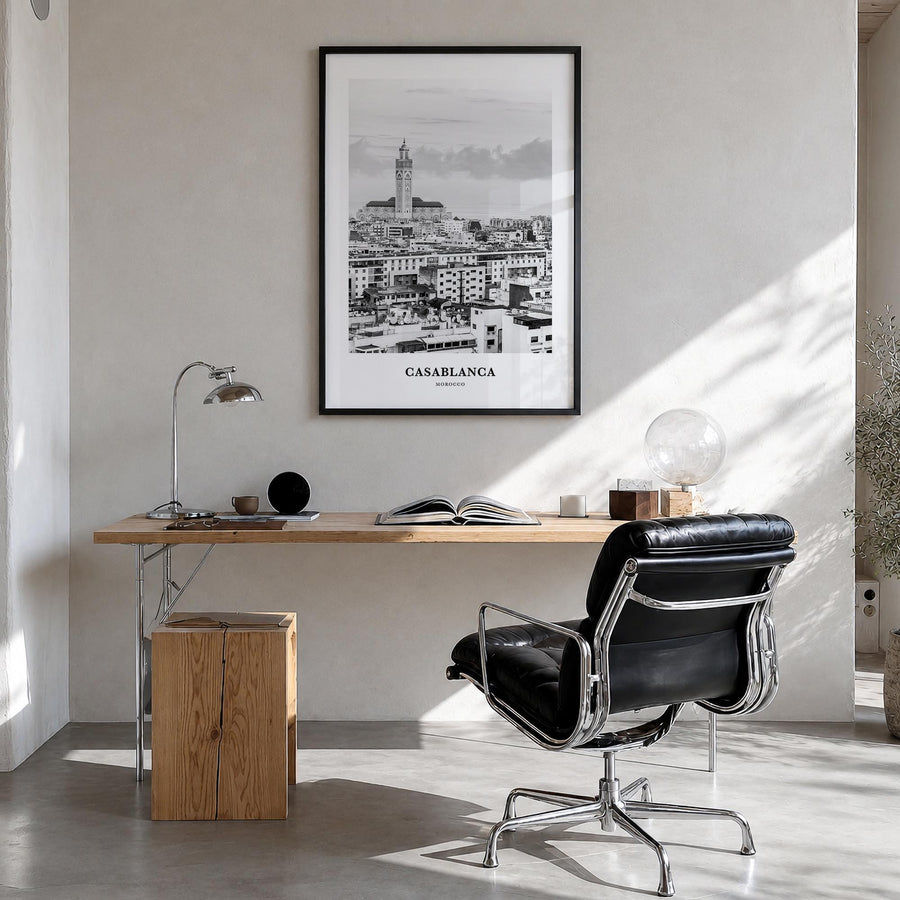 Casablanca black & white classic poster of Morocco – vertical wall art in black wood frame, hanging on wall