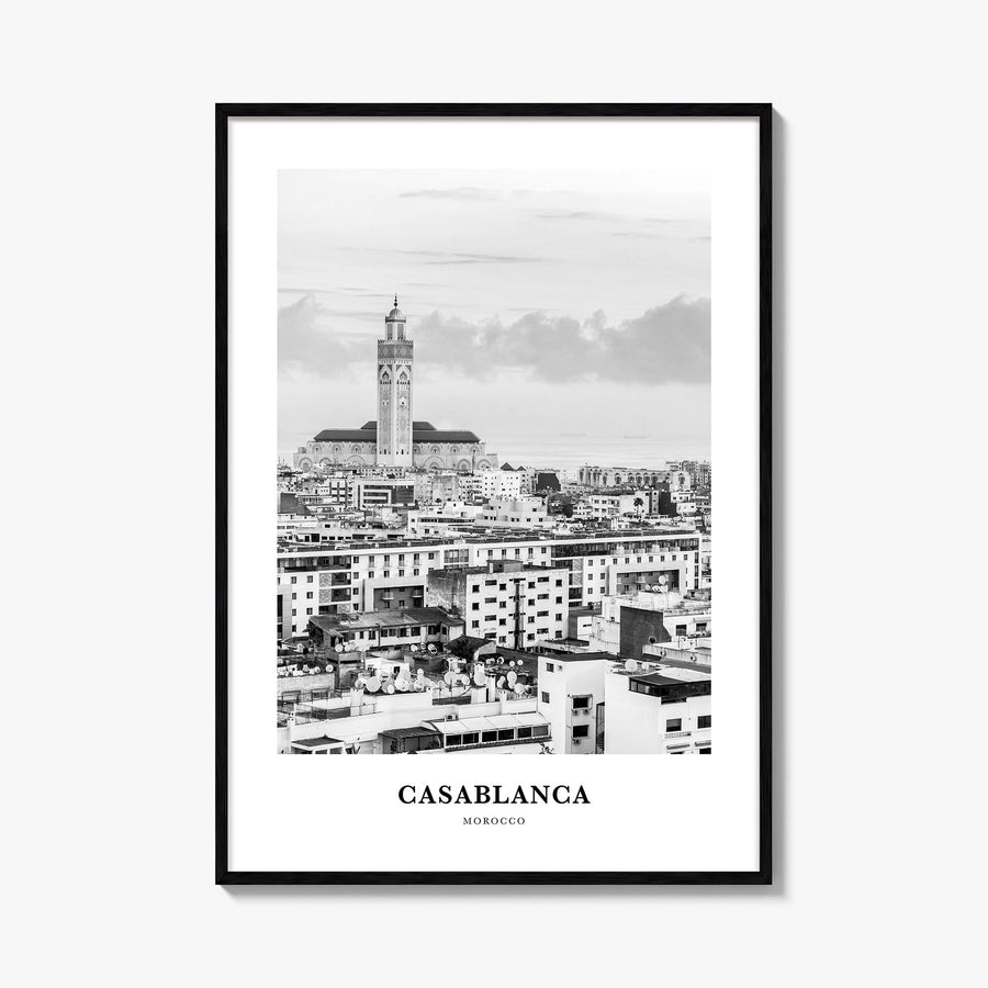 Casablanca black & white classic poster of Morocco – vertical wall art, unframed print shown in interior mockup