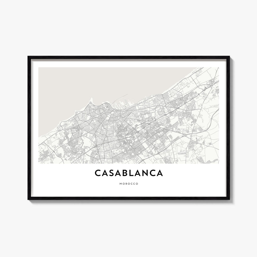 Casablanca black & white map poster of Morocco – horizontal wall art, unframed print shown in interior mockup